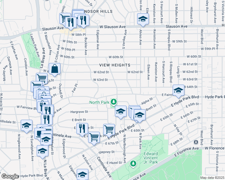 map of restaurants, bars, coffee shops, grocery stores, and more near 607 East Fairview Boulevard in Inglewood