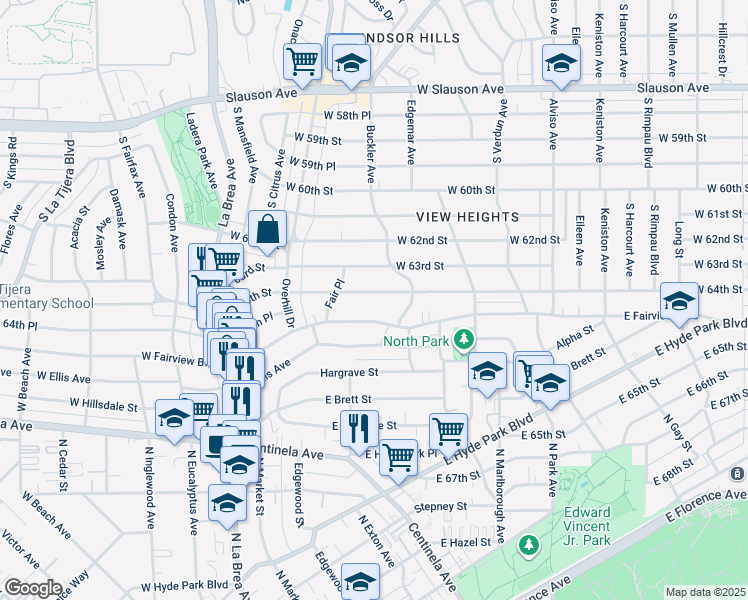map of restaurants, bars, coffee shops, grocery stores, and more near 525 East Fairview Boulevard in Inglewood