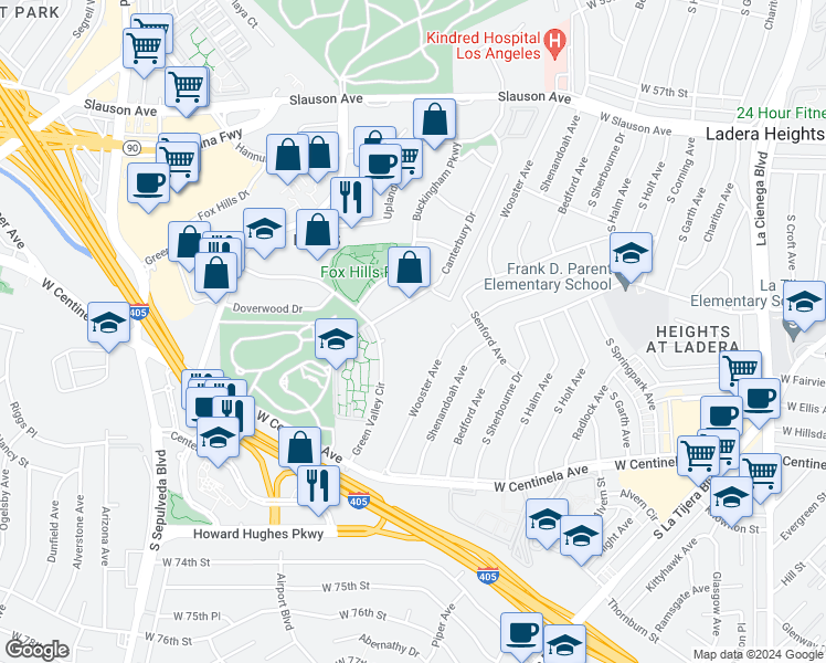map of restaurants, bars, coffee shops, grocery stores, and more near 6310 Green Valley Circle in Culver City