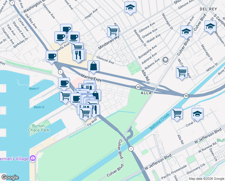 map of restaurants, bars, coffee shops, grocery stores, and more near 4771 La Villa Marina in Marina del Rey