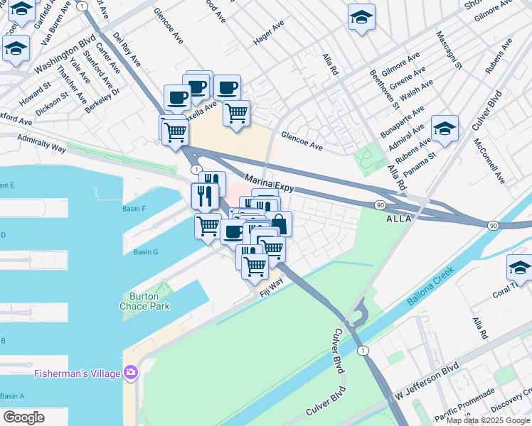 map of restaurants, bars, coffee shops, grocery stores, and more near in Marina del Rey