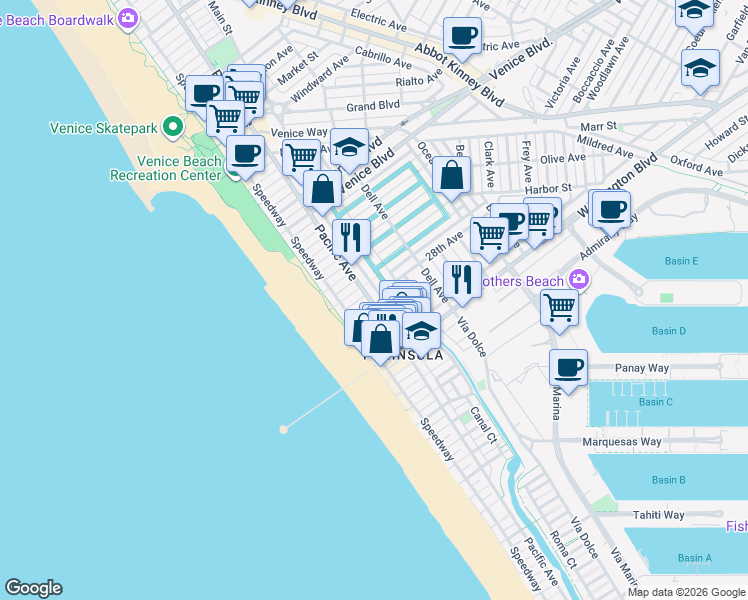 map of restaurants, bars, coffee shops, grocery stores, and more near 38 28th Place in Los Angeles