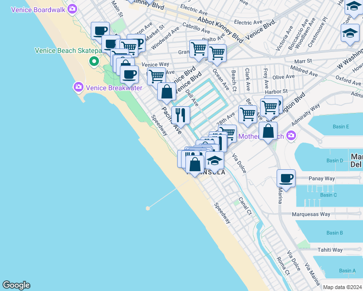 map of restaurants, bars, coffee shops, grocery stores, and more near 2705 Ocean Front Walk in Los Angeles