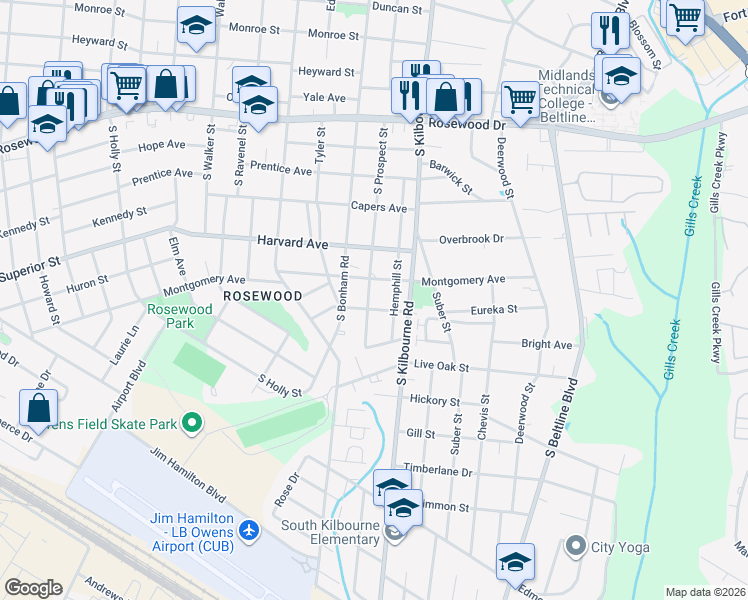 map of restaurants, bars, coffee shops, grocery stores, and more near 801 South Prospect Street in Columbia