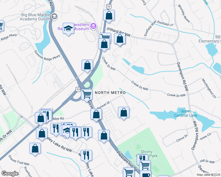 map of restaurants, bars, coffee shops, grocery stores, and more near 3015 Jester Court in Duluth