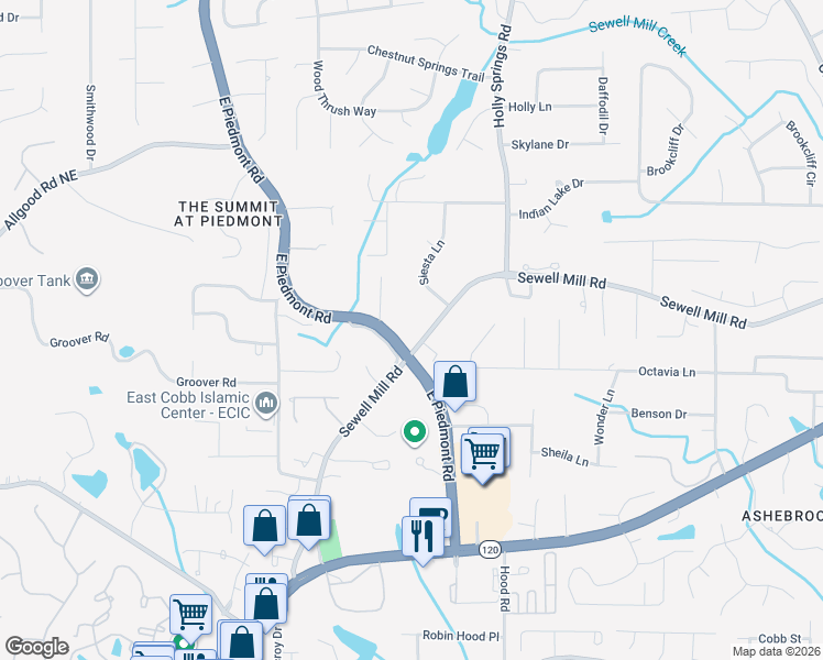 map of restaurants, bars, coffee shops, grocery stores, and more near 2401 Sewell Mill Road in Marietta