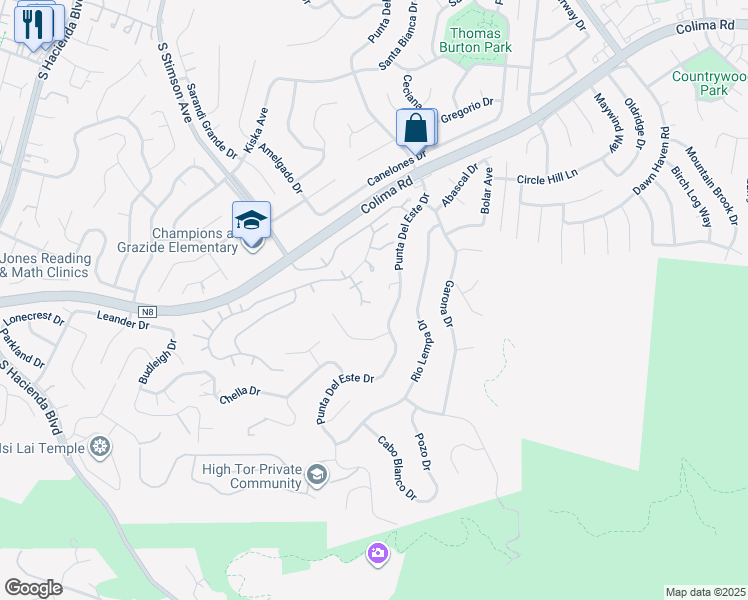 map of restaurants, bars, coffee shops, grocery stores, and more near 2836 Sierra Canyon Way in Hacienda Heights