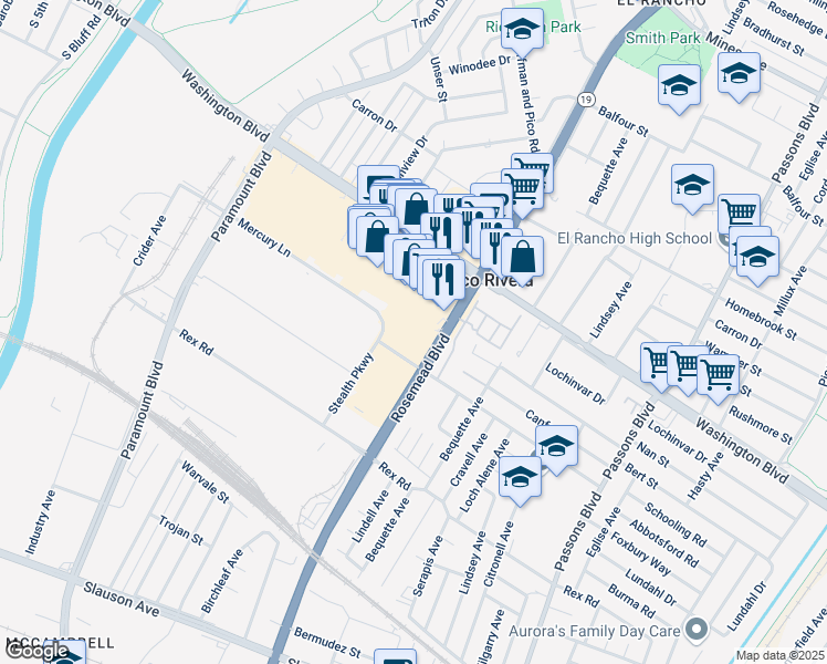 map of restaurants, bars, coffee shops, grocery stores, and more near 7185 Rosemead Boulevard in Pico Rivera
