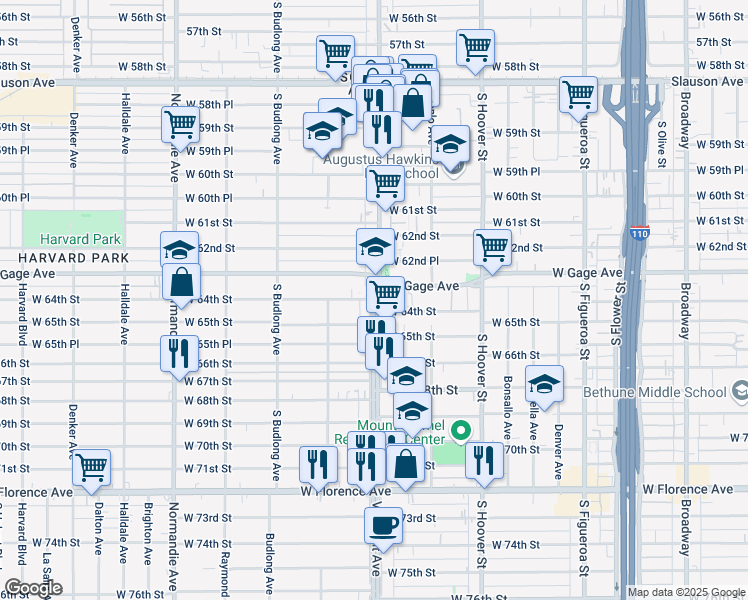 map of restaurants, bars, coffee shops, grocery stores, and more near 6401 South Vermont Avenue in Los Angeles