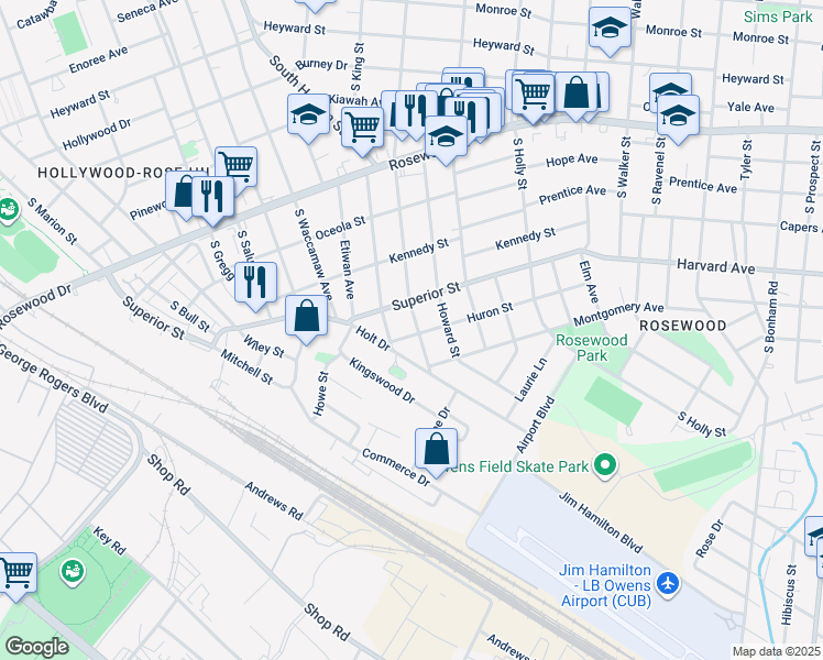 map of restaurants, bars, coffee shops, grocery stores, and more near 725 South Woodrow Street in Columbia
