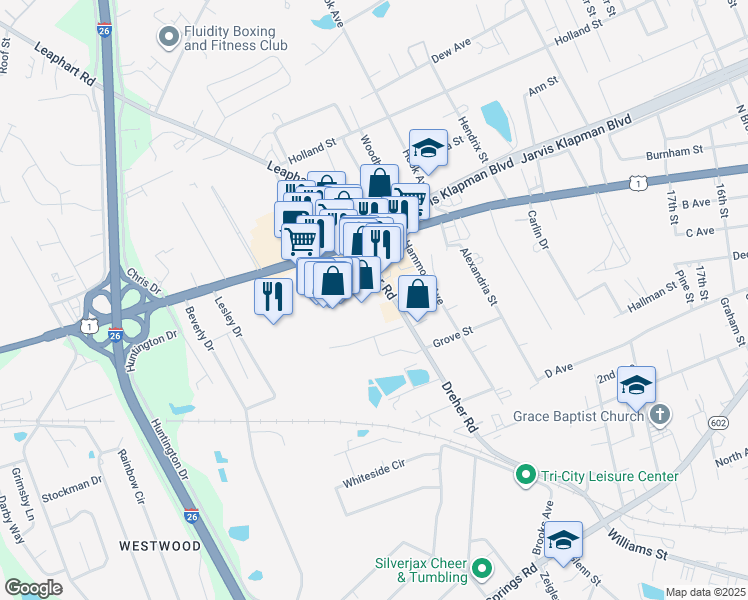 map of restaurants, bars, coffee shops, grocery stores, and more near 2305A Augusta Road in West Columbia