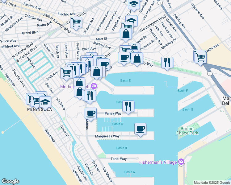 map of restaurants, bars, coffee shops, grocery stores, and more near 14000 Palawan Way in Marina del Rey