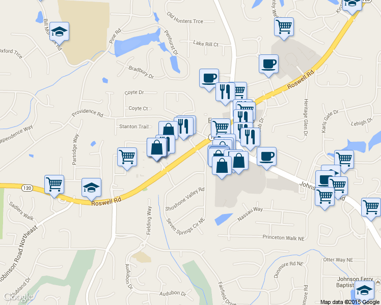 map of restaurants, bars, coffee shops, grocery stores, and more near 1299 7 Springs Circle in Marietta