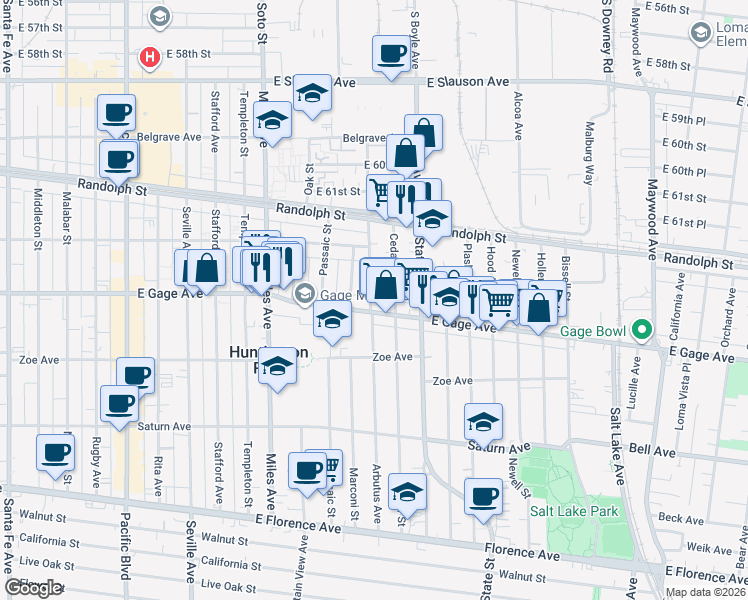 map of restaurants, bars, coffee shops, grocery stores, and more near 6368 Arbutus Avenue in Huntington Park
