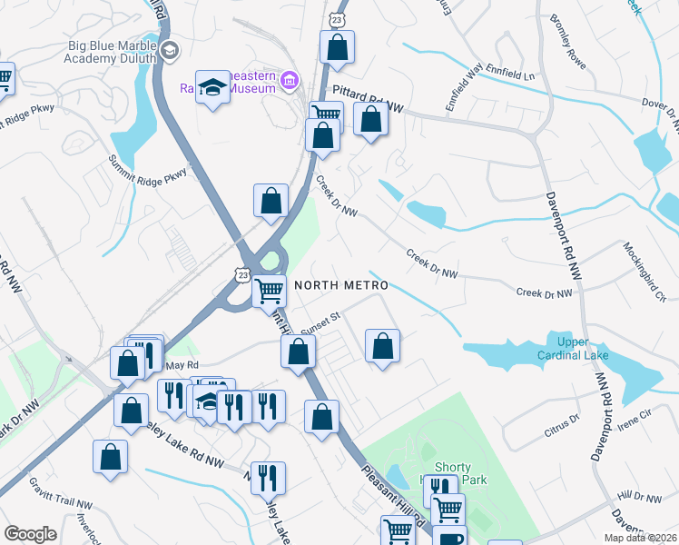 map of restaurants, bars, coffee shops, grocery stores, and more near 3015 Jester Court in Duluth