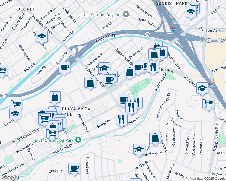 map of restaurants, bars, coffee shops, grocery stores, and more near 12746 West Jefferson Boulevard in Los Angeles