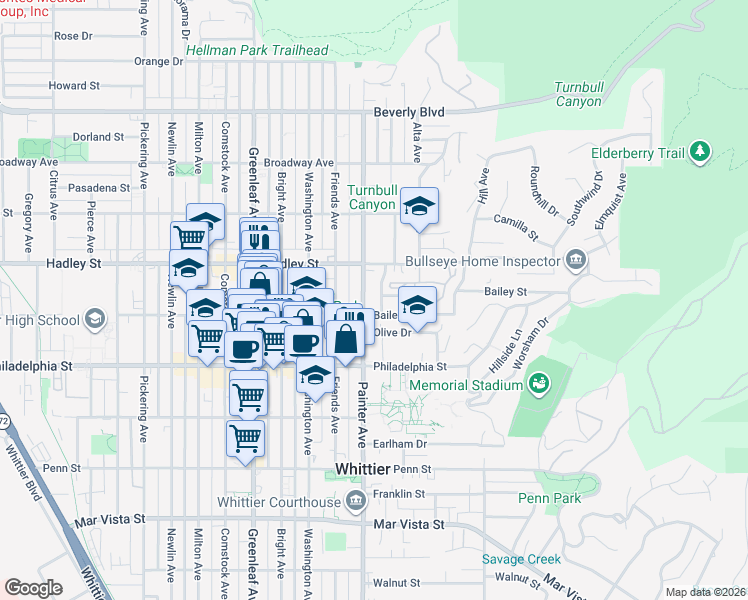 map of restaurants, bars, coffee shops, grocery stores, and more near 6544 Painter Avenue in Whittier