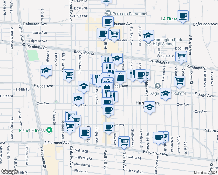 map of restaurants, bars, coffee shops, grocery stores, and more near 6415 Rita Avenue in Huntington Park