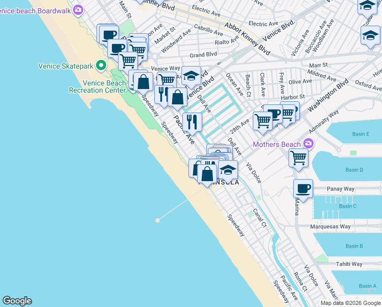 map of restaurants, bars, coffee shops, grocery stores, and more near 22 1/2 East 27th Avenue in Los Angeles