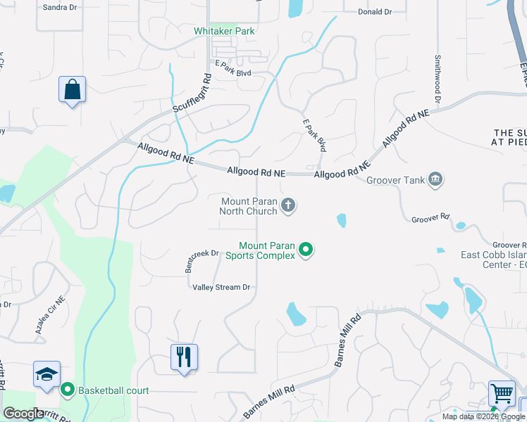 map of restaurants, bars, coffee shops, grocery stores, and more near 1240 Rockcrest Drive in Marietta