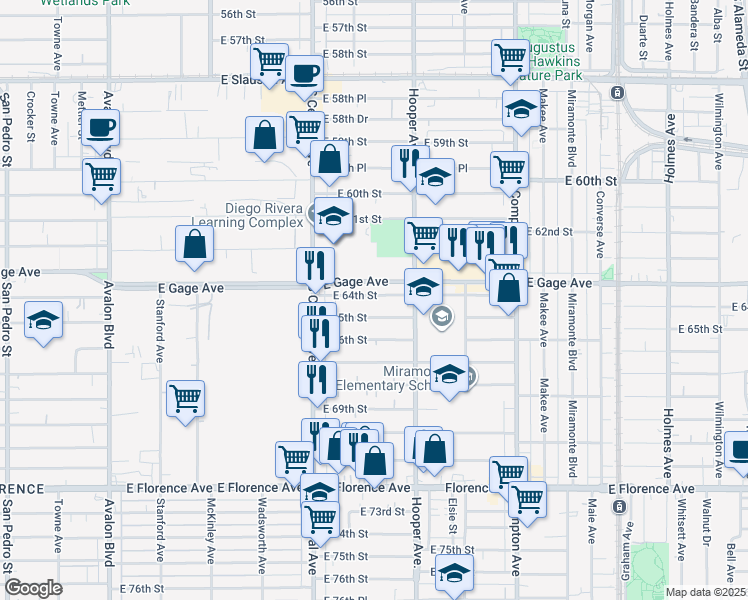 map of restaurants, bars, coffee shops, grocery stores, and more near 1204 East 64th Street in Los Angeles