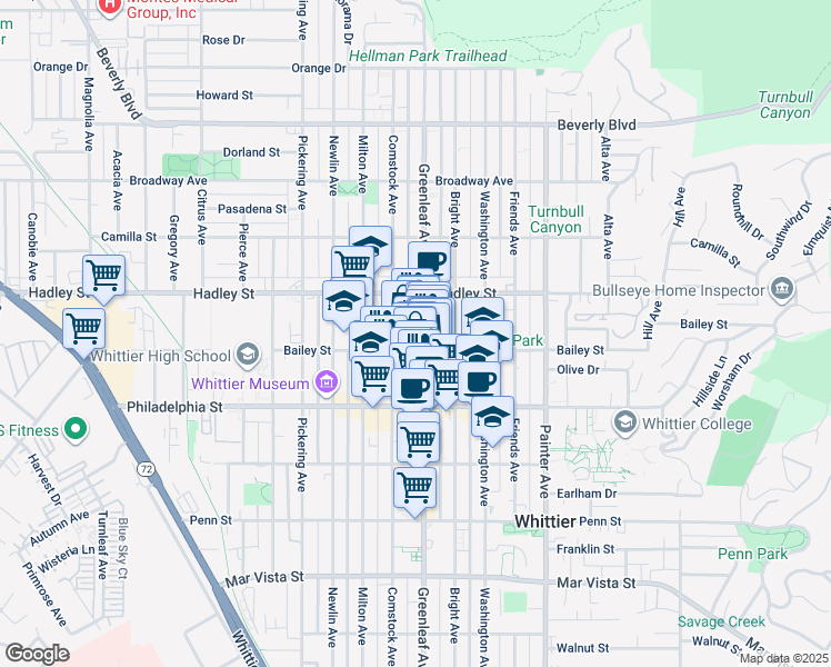 map of restaurants, bars, coffee shops, grocery stores, and more near 6545 Greenleaf Avenue in Whittier