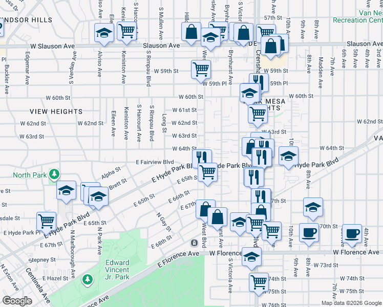 map of restaurants, bars, coffee shops, grocery stores, and more near 1159 East Hyde Park Boulevard in Inglewood