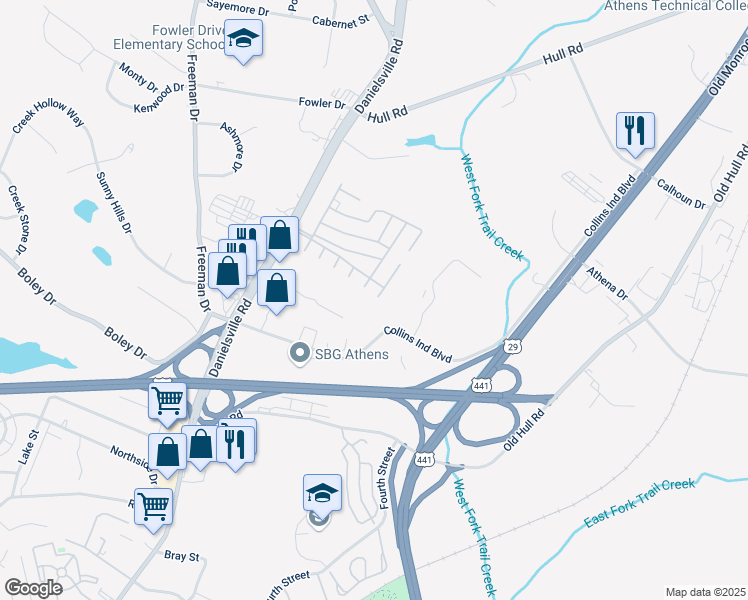 map of restaurants, bars, coffee shops, grocery stores, and more near 26 Pine Hollow in Athens