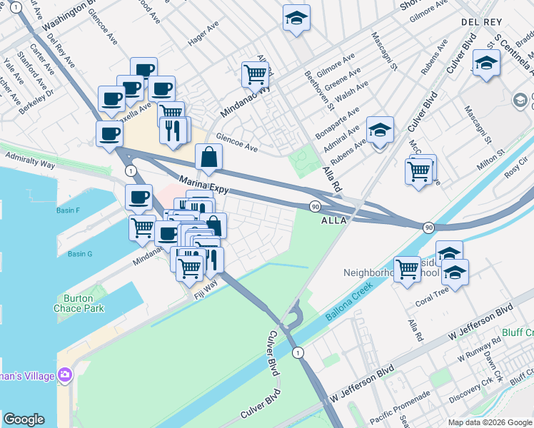 map of restaurants, bars, coffee shops, grocery stores, and more near 4776 La Villa Marina in Marina del Rey