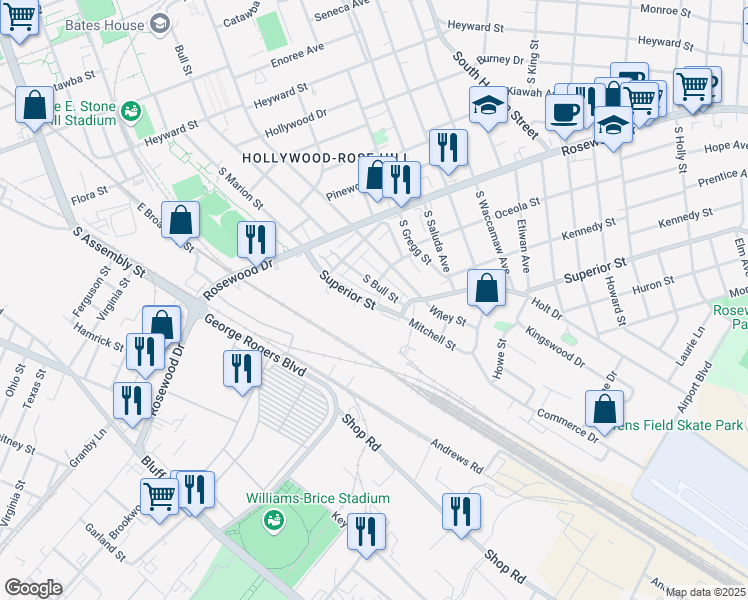 map of restaurants, bars, coffee shops, grocery stores, and more near 628 Superior Street in Columbia