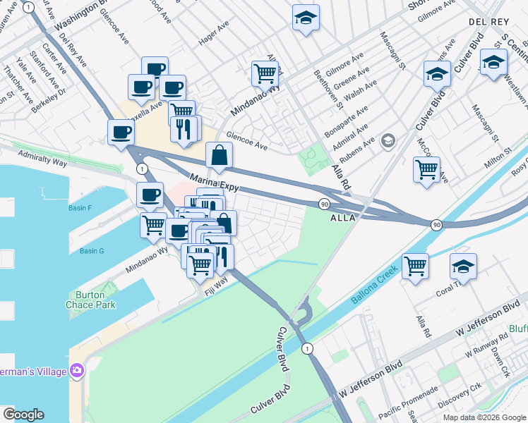 map of restaurants, bars, coffee shops, grocery stores, and more near 4771 La Villa Marina in Marina del Rey