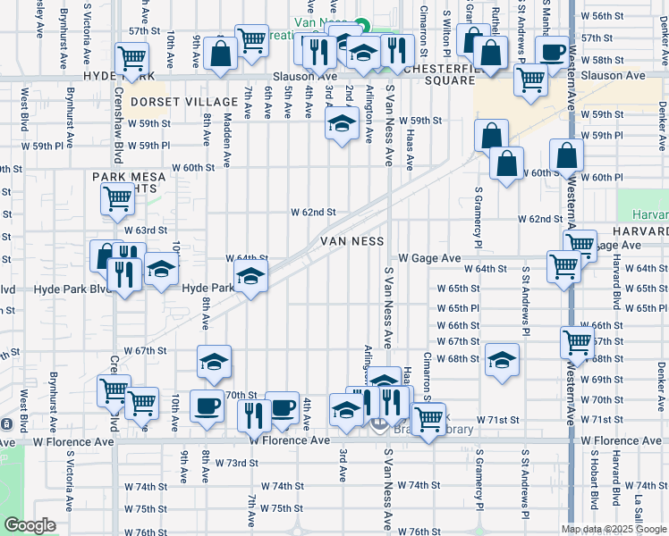 map of restaurants, bars, coffee shops, grocery stores, and more near 6418 3rd Avenue in Los Angeles