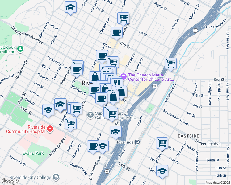 map of restaurants, bars, coffee shops, grocery stores, and more near 3573 University Avenue in Riverside