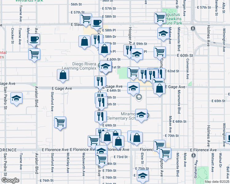 map of restaurants, bars, coffee shops, grocery stores, and more near 1203 East 65th Street in Los Angeles
