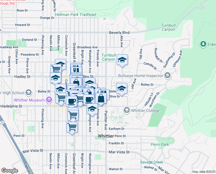 map of restaurants, bars, coffee shops, grocery stores, and more near 6544 Painter Avenue in Whittier
