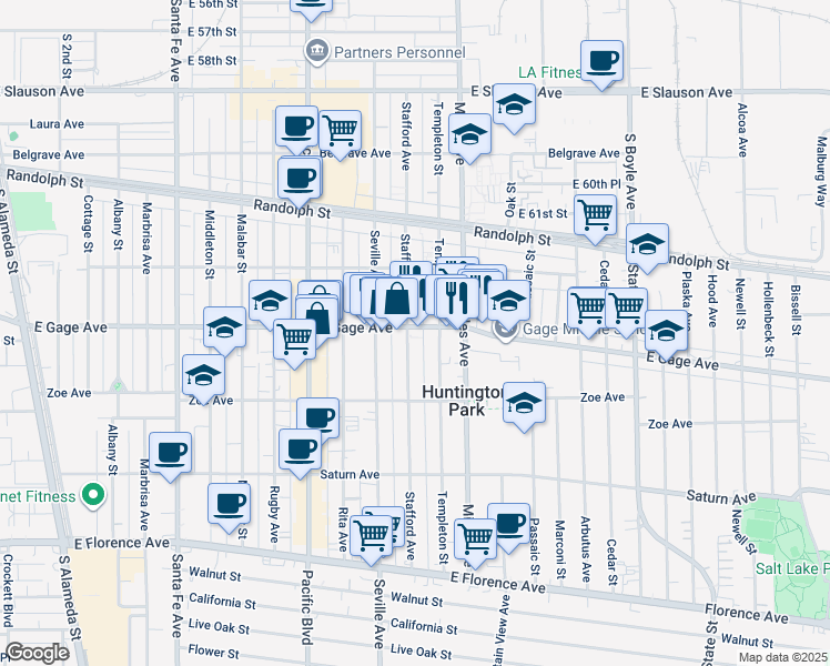 map of restaurants, bars, coffee shops, grocery stores, and more near 6422 Stafford Avenue in Huntington Park