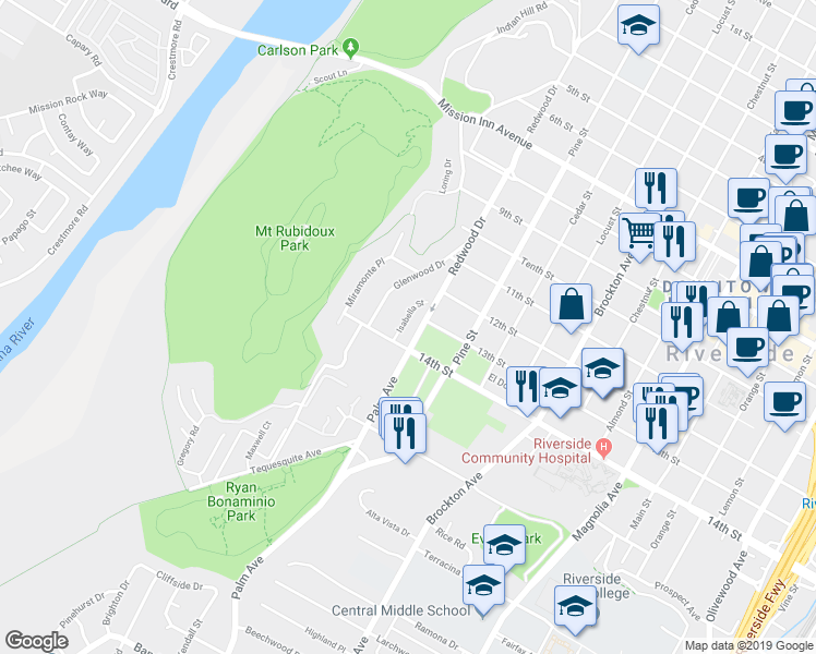 map of restaurants, bars, coffee shops, grocery stores, and more near 4340 Isabella Street in Riverside