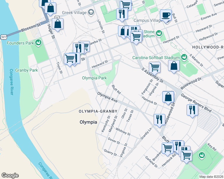 map of restaurants, bars, coffee shops, grocery stores, and more near 601 Kentucky Street in Columbia