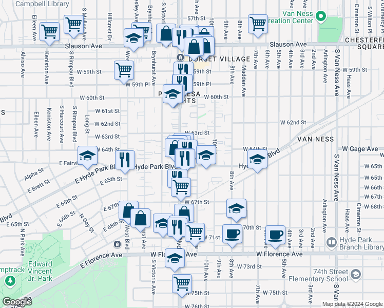 map of restaurants, bars, coffee shops, grocery stores, and more near 6409 11th Avenue in Los Angeles