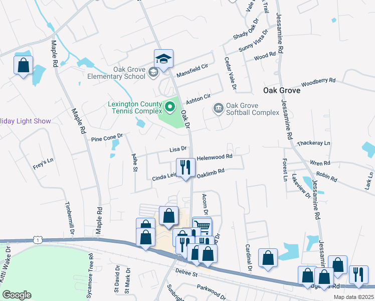 map of restaurants, bars, coffee shops, grocery stores, and more near 359 Oak Drive in Lexington