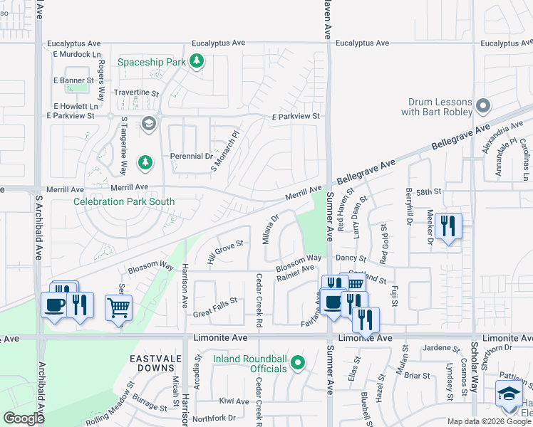 map of restaurants, bars, coffee shops, grocery stores, and more near 13586 Carnival Court in Corona