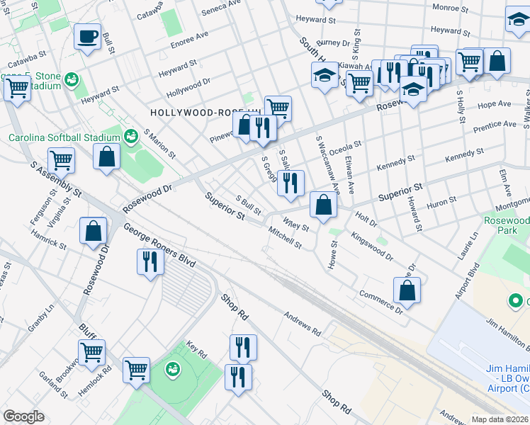 map of restaurants, bars, coffee shops, grocery stores, and more near 807 Royster Street in Columbia