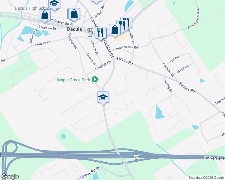map of restaurants, bars, coffee shops, grocery stores, and more near 495 Dacula Ridge Court in Dacula