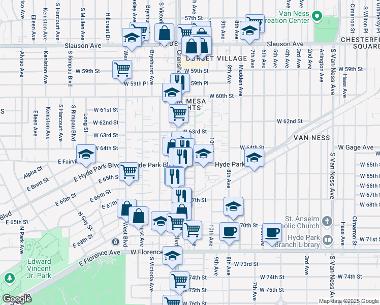 map of restaurants, bars, coffee shops, grocery stores, and more near 6409 11th Avenue in Los Angeles