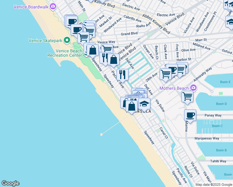 map of restaurants, bars, coffee shops, grocery stores, and more near 2609 Ocean Front Walk in Los Angeles