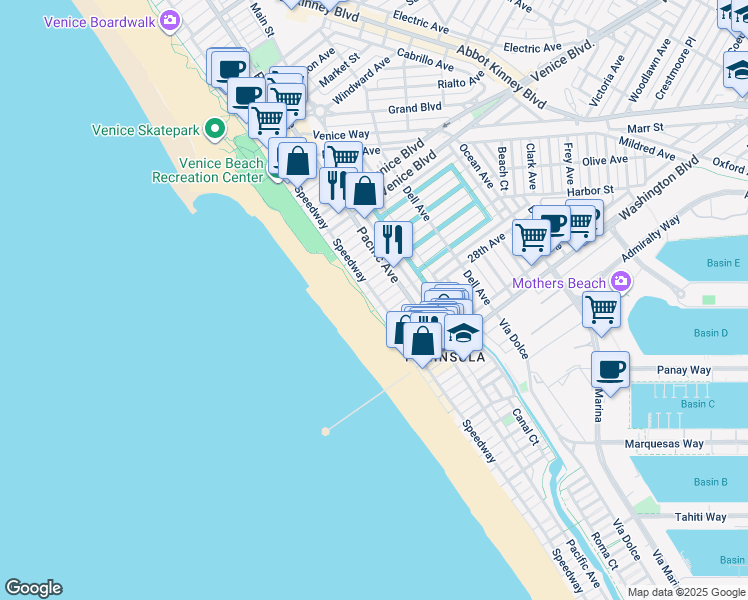 map of restaurants, bars, coffee shops, grocery stores, and more near 2609 Ocean Front Walk in Los Angeles