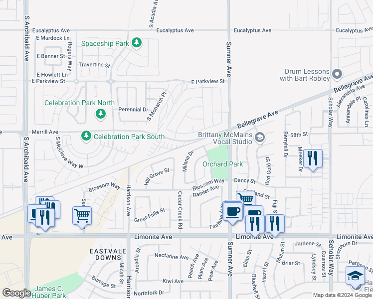 map of restaurants, bars, coffee shops, grocery stores, and more near 13586 Carnival Court in Corona