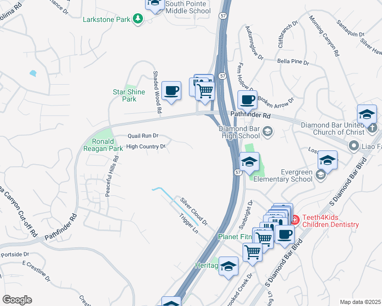 map of restaurants, bars, coffee shops, grocery stores, and more near 21062 Quail Run Drive in Walnut