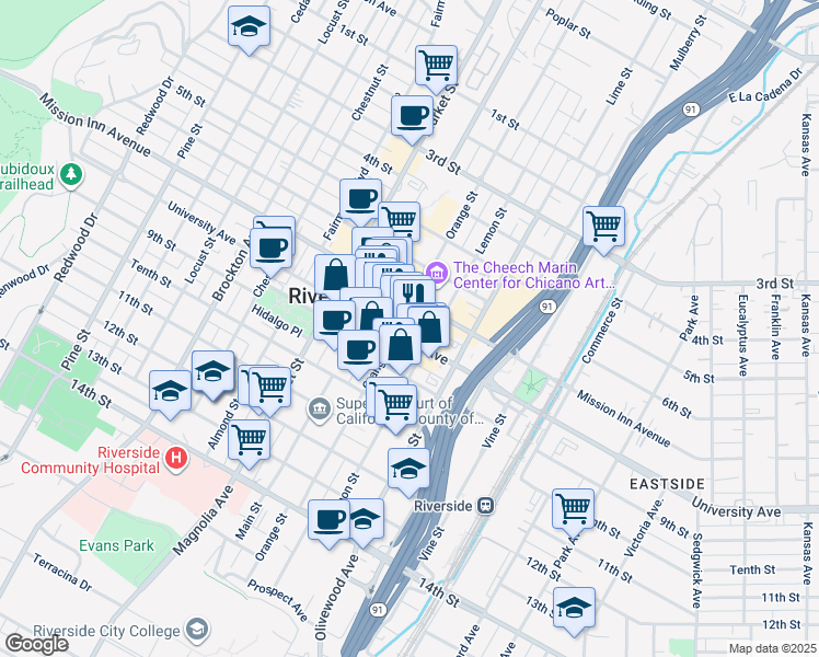 map of restaurants, bars, coffee shops, grocery stores, and more near 3573 University Avenue in Riverside