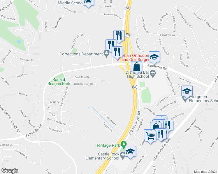 map of restaurants, bars, coffee shops, grocery stores, and more near 21062 Quail Run Drive in Walnut